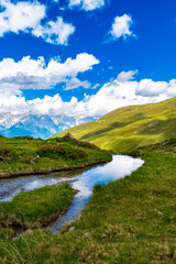 Naklejka na ściany i meble Tranquil Mountain Stream Amidst Alpine Landscape with Green Meadows