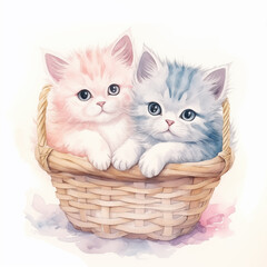 Two kitten in basket water color style
