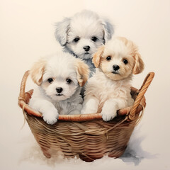 Three dog in the basket, water color style
