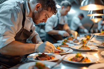 A chef is preparing a large number of plates of food. The plates are arranged on a table and the chef is using a knife to cut vegetables. The atmosphere is busy and focused