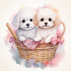 Two dog in the basket, water color style
