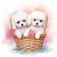Two dog in the basket, water color style
