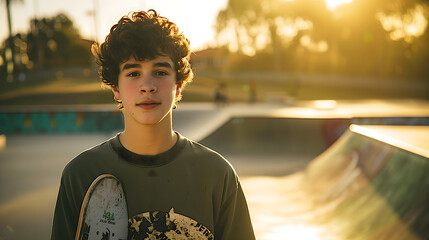 Dark hair Teenage Boy with Skateboard at Dusk in the Skatepark, Copy Space 