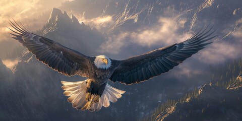 The incredible span of an eagle's wings is highlighted as it soars over a breathtaking mountainous landscape cloaked in mist - obrazy, fototapety, plakaty