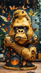 Transcend boundaries with a clay sculpture of a biomechanical gorilla interacting with holographic butterflies, captured from a unique and unexpected camera angle that sparks curiosity and amazement T