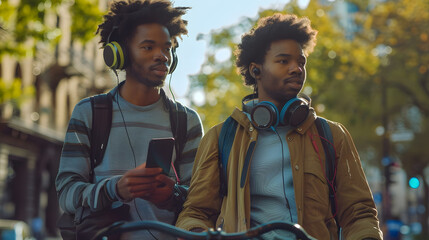 An african american man stands with his bike outdoors in the city with copy space hes holding a smartphone and wearing headphones around his neck : Generative AI