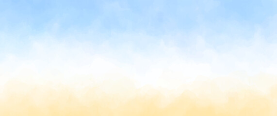 Abstract summer landscape vector watercolor background with blue sky, white clouds and sand beach. Watercolor illustration for interior, flyers, poster, cover, banner. Modern hand draw painting. © Maribor