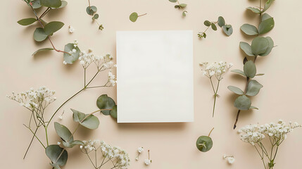 Wedding invitation card mockup natural eucalyptus white gypsophila twigs blank card mockup beige background