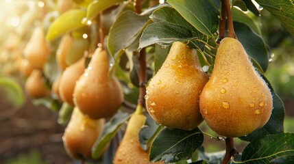 Macro close up of dewy pear hanging on tree, wide banner with ample copy space for text placement - obrazy, fototapety, plakaty