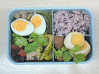 Stewed eggs, grilled pork, boiled eggs with fried cucumber and brown rice