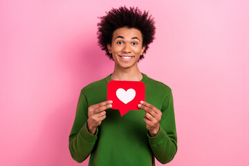 Photo of happy positive guy hold like heart social media reaction isolated pastel color background