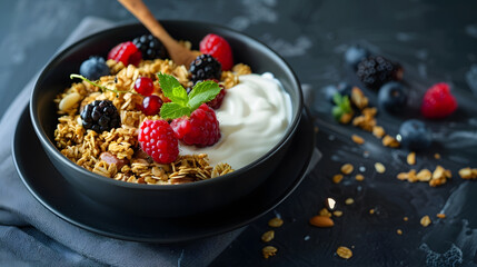 Breakfast cereal granola with berries and greek yogurt on a dark background Bowl with yogurt granola and fresh berries on a black plate Healthy breakfast with wooden spoon : Generative AI