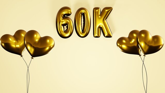 60k , 60000 followers subscribers likes celebration background with golden heart shaped helium air balloons and balloon texts on pink background 8k illustration.