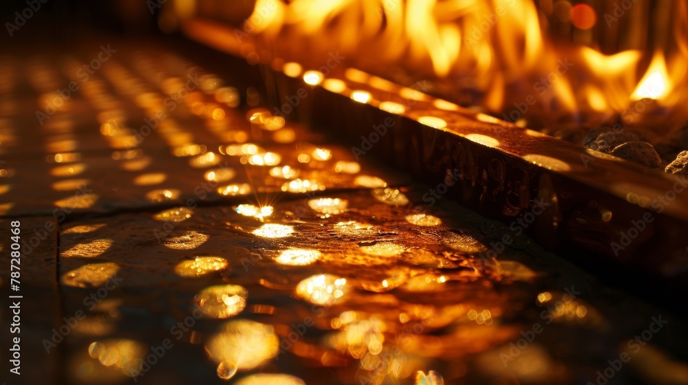 Poster the flicker of a fireplace casts everchanging shadows on the skin revealing the smoothness and textu