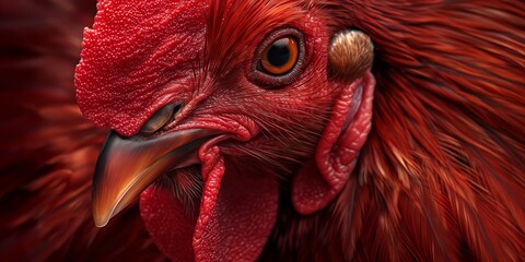 An eye-catching close-up photo capturing the textured details and intense gaze of a rooster, embodying the spirit of farm life and nature