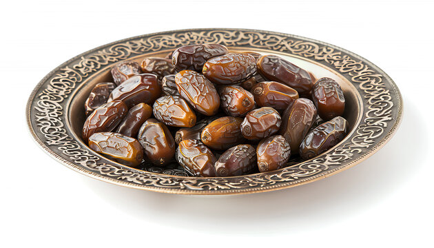Plate with dried dates for Ramadan on white background