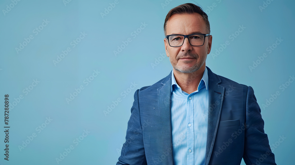 Wall mural confident middleaged man in blue blazer and blue shirt wearing glasses standing against plain blue b