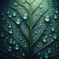 Close-up of green leaf with water drops,  fresh leaves with raindrops