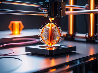 A 3D printer is printing an elaborate geometric object on a shiny metal surface that reflects the surrounding light; a filament spool is nearby; and LED indications flicker.