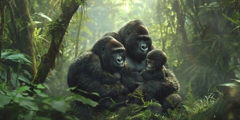 A heartwarming scene of a gorilla family embracing in a foggy jungle, capturing a moment of tenderness in the wild - obrazy, fototapety, plakaty