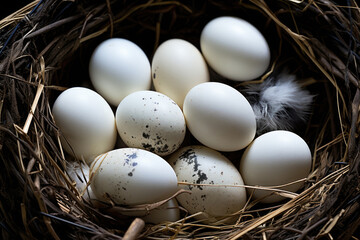 Close up of nest with white eggs and black speckling