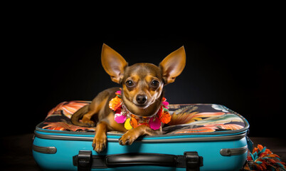dog wearing a colorful collar is laying on a blue suitcase, concept traveling with animals