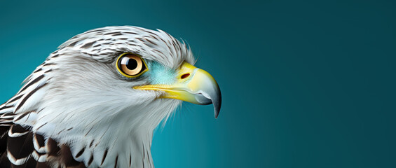 portrait of a falcon, hawk in profile on blue background with copy space