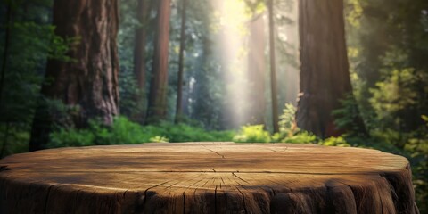 A detailed shot of a wooden stump with a sunbeam piercing through the towering redwood trees in a mystical forest
