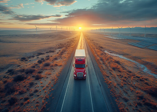.Aerial top view of a car and a hydrogen energy truck driving on a highway road in a desert