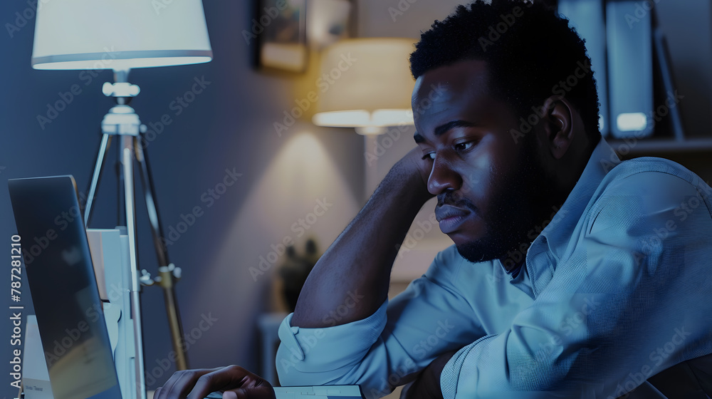 Poster Thoughtful Black Writer Working With Laptop At Home Office African American Freelancer Man Sitting At Desk And Looking At Computer Screen With Pensive Face Expression Side View With Co : Generative AI