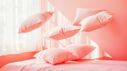 A serene bedroom scene with soft pink pillows floating above a matching bedspread in a room bathed in warm light. - obrazy, fototapety, plakaty