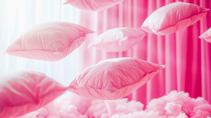 Several pink pillows are floating in the air against a pink striped background with fluffy decorations below.