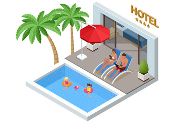 Isometric Modern Bedroom Suite in Hotel. Luxury Gotel and Exterior Design Pool Villa with Living Room, Sunbed and Sofa. Enjoy the Holiday and Vacation. Mobile Application, Hotel Booking Online
