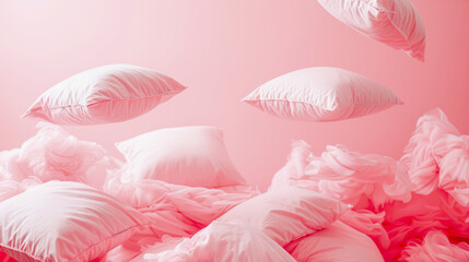 White pillows and sheets floating in a pink room, giving a dreamy and soft aesthetic.
