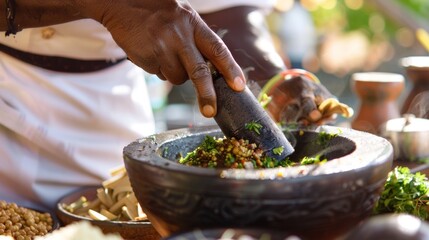 Closeup of a chef expertly preparing a traditional African dish skillfully combining fresh ingredients and aromatic es in a large mortar and pestle a true testament to the centuriesold . - obrazy, fototapety, plakaty