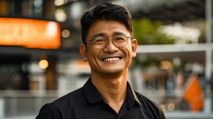 Fototapeta premium Smiling man with glasses, wearing a black shirt, with a blurred urban background during what appears to be dusk.