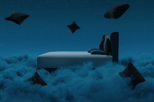 Cosy bed with flying pillows over fluffy clouds at night. 3D Rendering