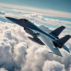 Military combat aircraft flying beautifully above the clouds. The strength and power of a combat airplane.