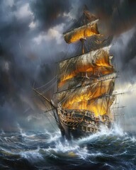 Pirate ship on stormy seas