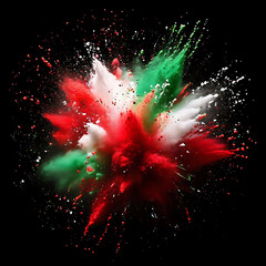Conceptual Holi Celebration Colorful Powder Explosions on Black Background, Green White and Red colored powder explosions on Black background holi paint powder splash in color,