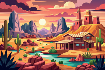 Western Landscape cartoon vector Illustration flat style artwork concept
