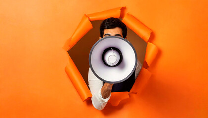 Close-up and front view of a man holding a megaphone through the torn hole in orange and yellow paper with copy space, special promotion concept. Generative Ai.