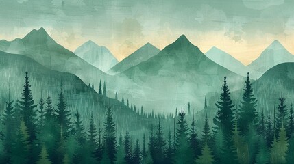 Crisp detailing in a sage green and turquoise geometric patterned forest, with mountains rising whimsically