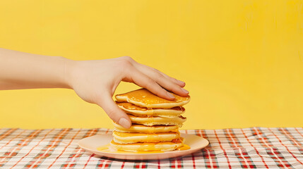 Breakfast Food pop art photography Female hand and sweet pancakes on plaid tablecloth isolated on...