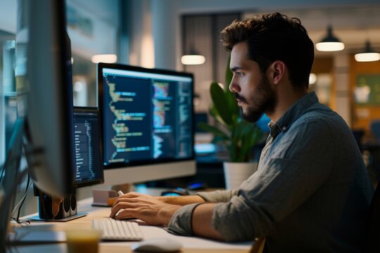 Corporate Business Photography of a Focused Man Coding and Developing His Startup's Software, Generative AI