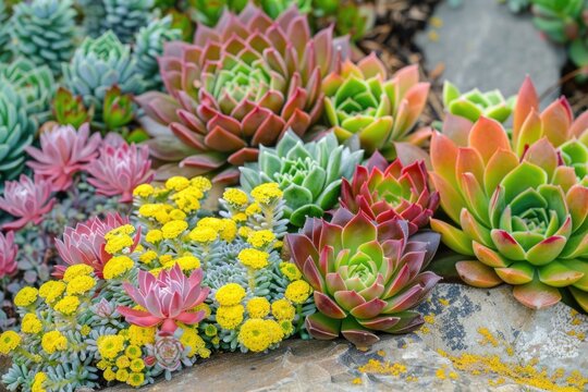 A Rock Garden of Sempervivum and Sedum Plants on a Chair with Colorful Leaves and Flowers in Sandy Substrate