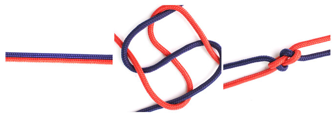 Steps, cable or how to tie ropes on white background in studio for security or safety instruction. Material, knot and color design for banner technique, tools or learning for survival guide lesson