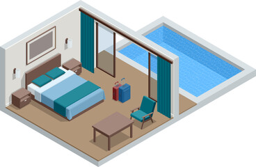 Isometric Modern Bedroom Suite in Hotel. Luxury Gotel and Exterior Design Pool Villa with Living Room, Sunbed and Sofa. Enjoy the Holiday and Vacation. Mobile Application, Hotel Booking Online