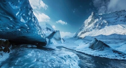 Beautiful Winter Landscape of Skaftafell Glacier in National Park, Iceland with Blue Ice and Lagoon - obrazy, fototapety, plakaty