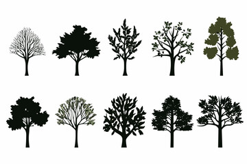 Silhouette tree set. Side view, set of graphic trees elements outline symbol for architecture and landscape design drawing. Vector illustration